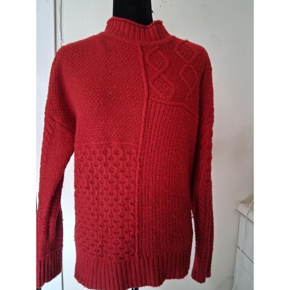 American Eagle Red Mixed Texture Cable Knit Mock Neck Sparkle Sweater Small